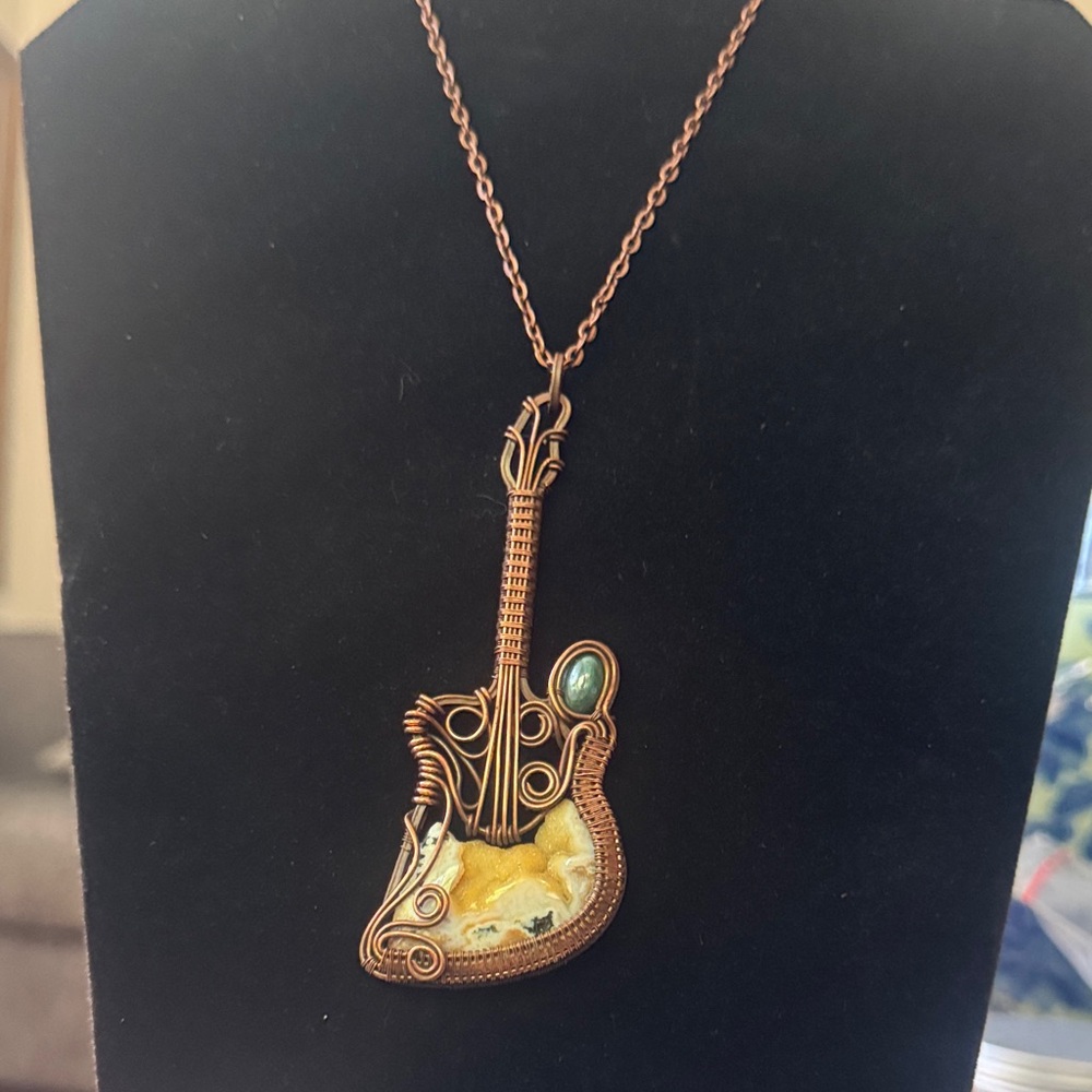 Wire-Wrapped Guitar Pendant Necklace with River Jasper with druzy stone